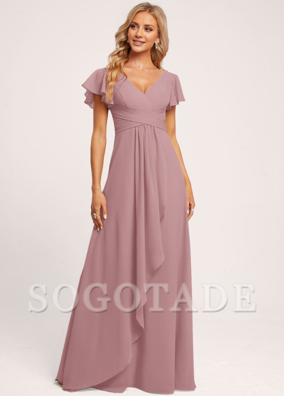 Ruffle A-line V-neck and floor chiffon bridesmaid dress