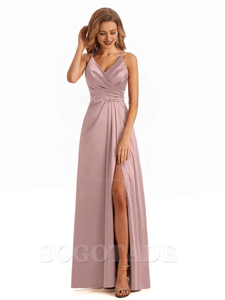 Soft Satin A-Line Spaghetti Straps V Neck Side Slit Maxi Long Bridesmaid Dresses