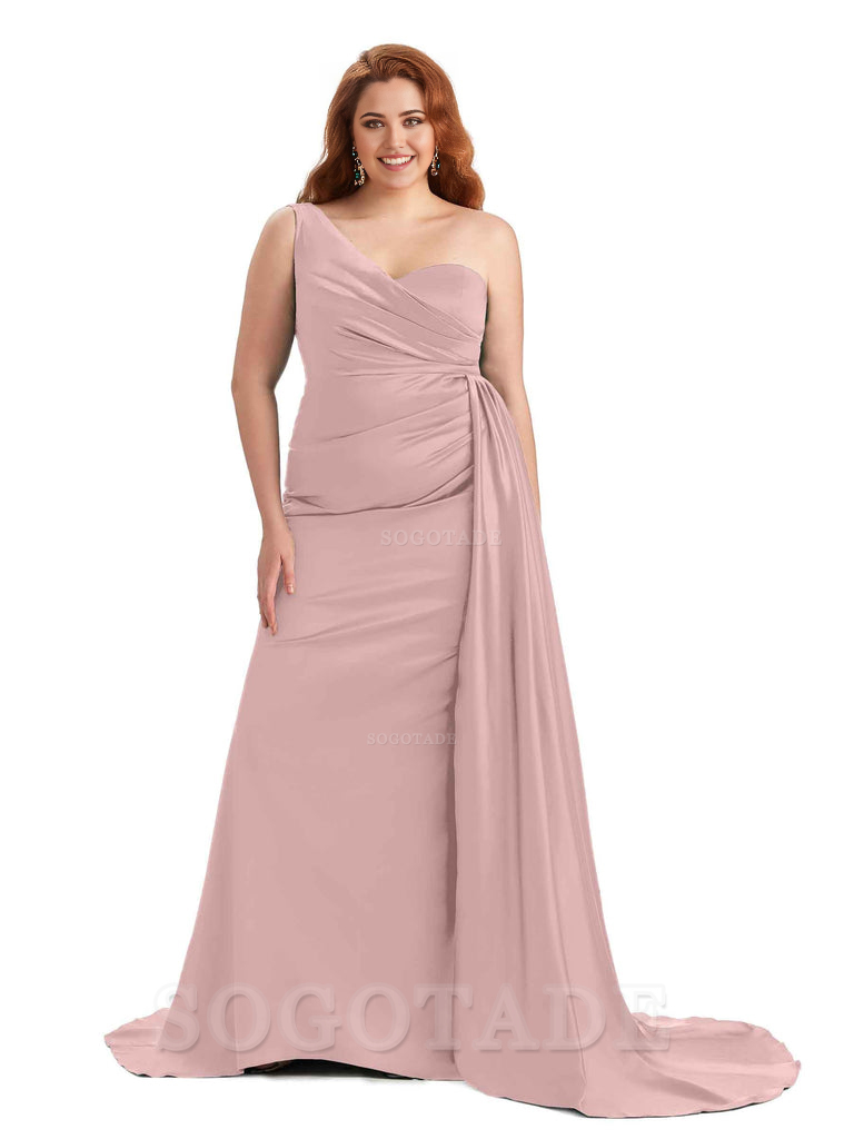 Sexy One Shoulder Sleeveless Mermaid Soft Satin Long Plus Size With Train Bridesmaid Gowns