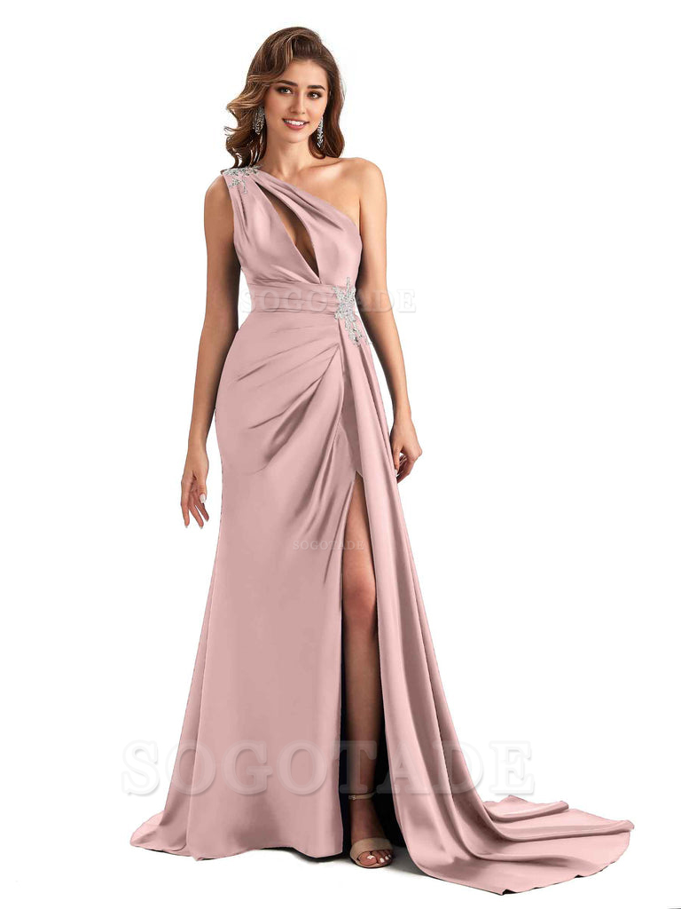 Sexy Side Slit Mermaid Soft Satin One Shoulder Lace Long Modern Bridesmaid Dresses