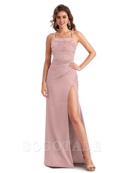 Sexy Side Slit Mermaid Lace Silky Satin Long Wedding Day Guest Dresses