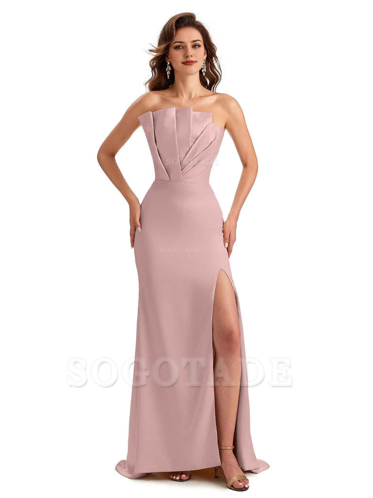 Unique Soft Satin Side Slit Asymmetrical Neckline Mermaid Long Bridesmaid Dresses