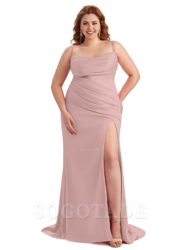Sexy Side Slit Spaghetti Straps Mermaid Soft Satin Long Plus Size Bridesmaid Dress For Wedding