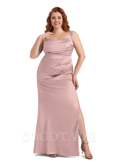 Sexy Side Slit Mermaid Wide Straps Soft Satin Long Plus Size Maid of Bridesmaid Dresses