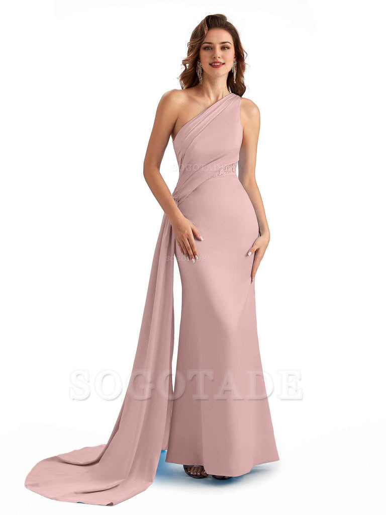 Sexy Mermaid Silky Satin One Shoulder Lace See Through Long Bridesmaid Dresses Online
