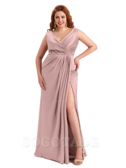 Mermaid V-Neck Satin formal dresses evening gown Bridesmaid Dresses With Side Slit 