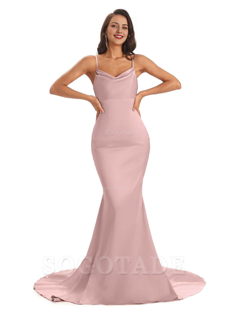 Sexy Backles Soft Satin Spaghetti Straps Maxi Mermaid Bridesmaid Dresses Online prom shop dresses