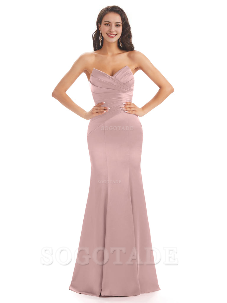 Simple Strapless Sweetheart Soft Satin Mermaid Long Bridesmaid Dresses prom shop dresses