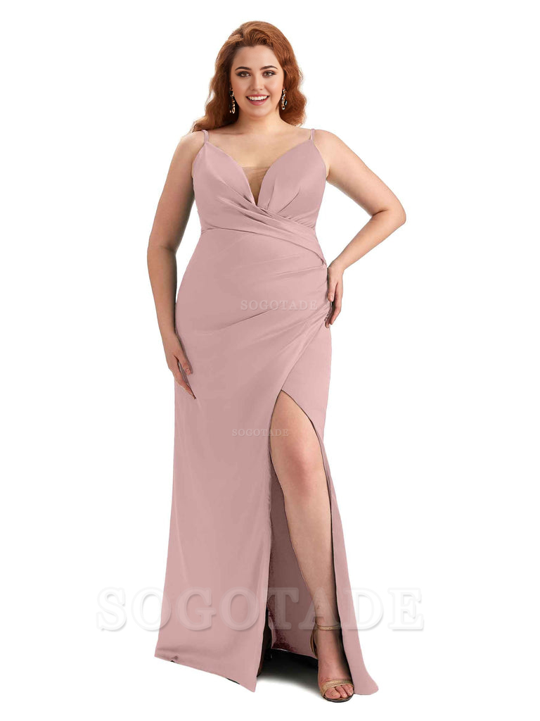 Sexy Side Slit Spaghetti Straps Sleeveless Mermaid V-neck Soft Satin Long Plus Size Bridesmaid Dress For Wedding