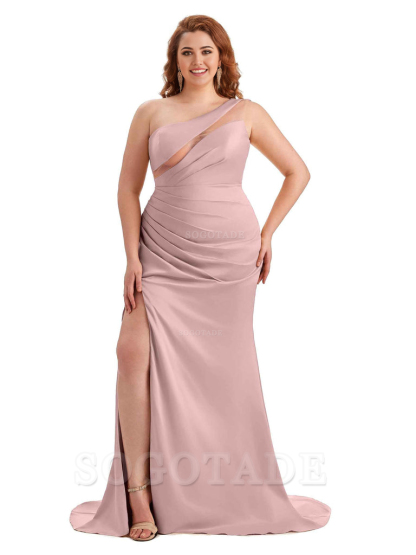 Sexy Unique Sleeveless One Shoulder Side Hight Slit Mermaid Soft Satin Long Plus Size Maid of Honour Dresses