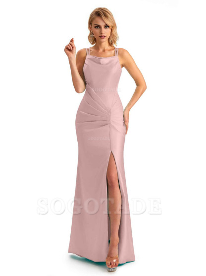 Soft Satin Spaghetti Straps Side Slit Long Unique Mermaid Beautiful Dresses For Wedding