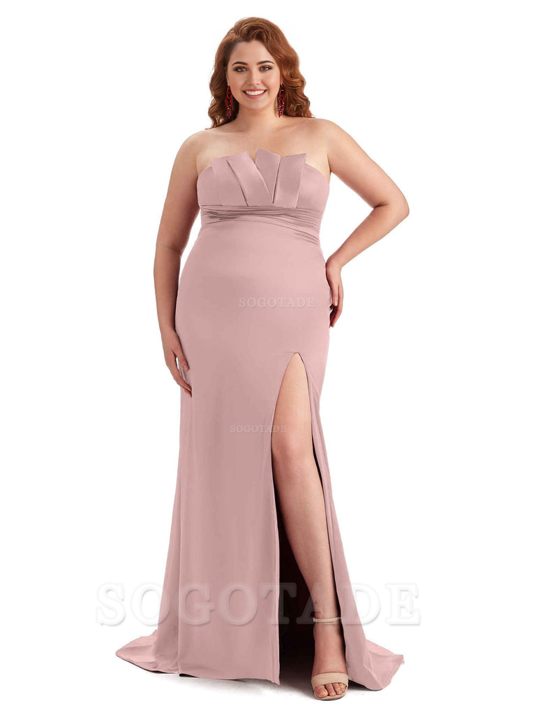 Sexy Side Slit Sleeveless Mermaid Soft Satin Long Plus Size Wedding Party Dresses For Wedding