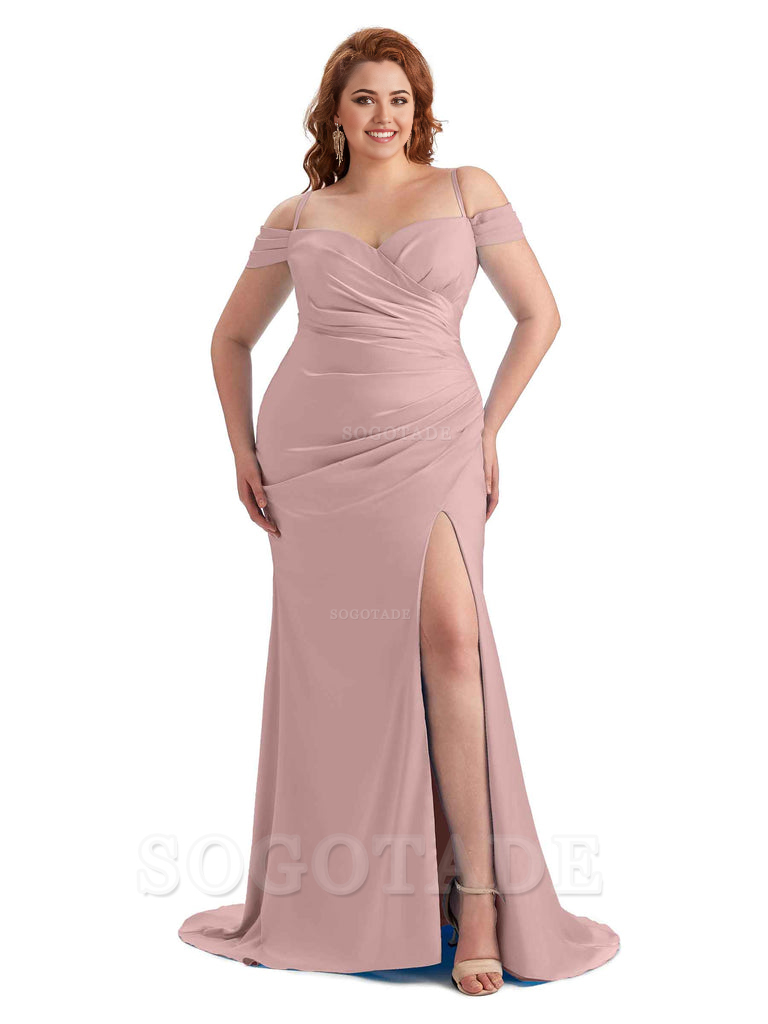 Sexy Side Slit Sleeveless Cold Shoulder Mermaid Soft Satin Long Plus Size Maid of Honor Dresses