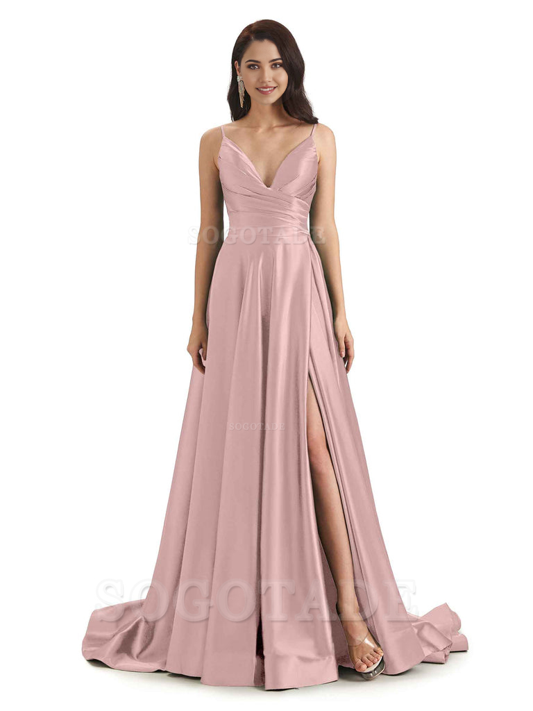 Spaghetti Straps Satin formal dresses evening gown Bridesmaid Dresses With Side Slit 