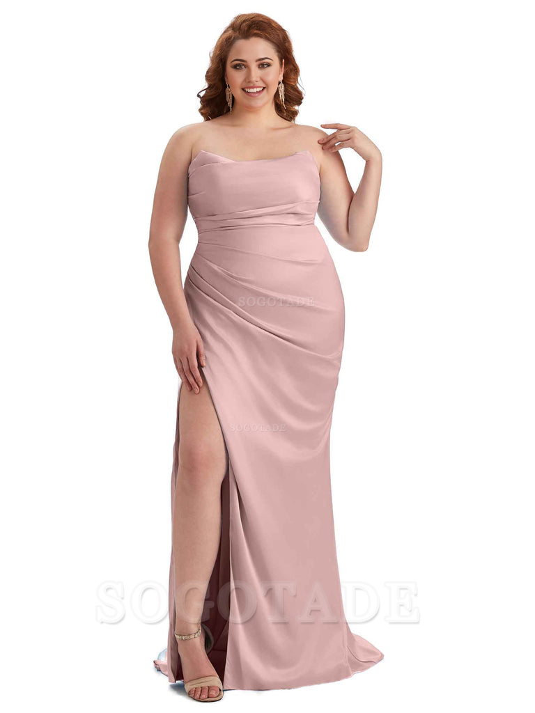 Sexy Side Slit Sleeveless Strapless Mermaid Soft Satin Long Plus Size Bridesmaid Dresses For Wedding