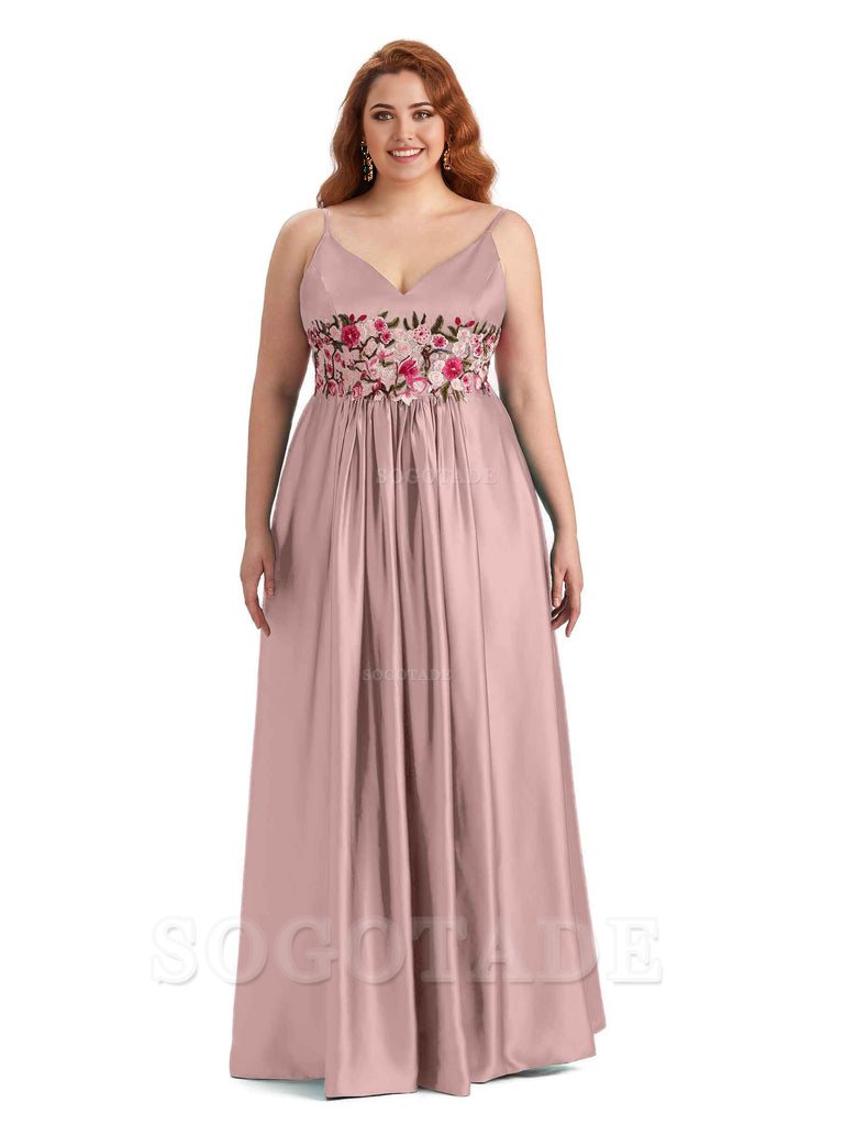 Unique Lace Spaghetti Straps Sleeveless Soft Satin Long Plus Size Bridesmaid Dress For Wedding