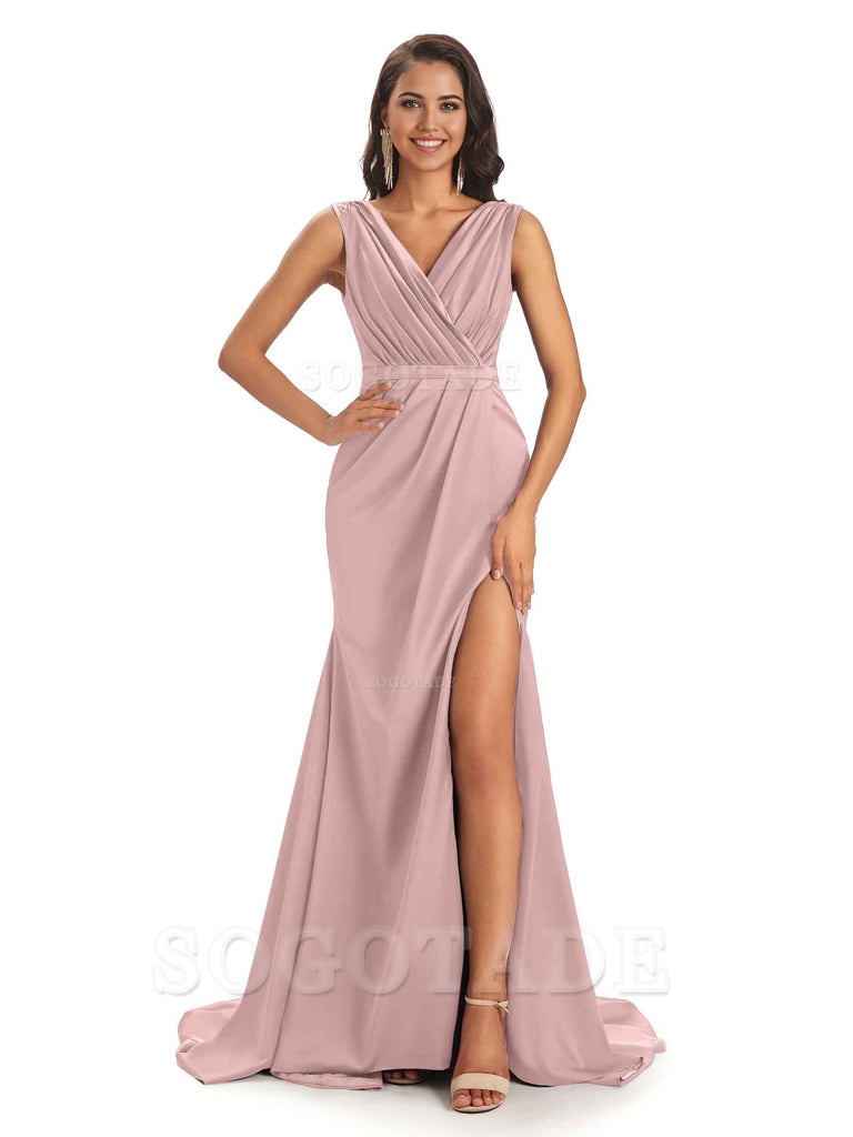 A-line V-neck Floor-Length Satin formal dresses evening gown Bridesmaid Dresses With Side Slit 