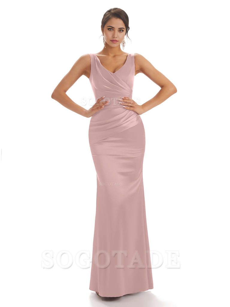 Sheath Sleeveless V-neck Floor-Length Satin formal dresses evening gown Bridesmaid Dresses With Pleats 