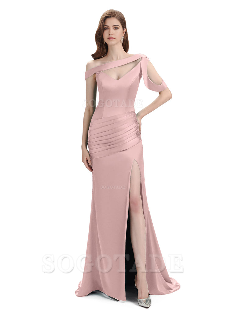 Mermaid V-Neck Satin Floor-Length formal dresses evening gown Bridesmaid Dresses With Side Slit 