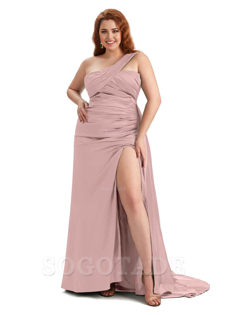  One Shoulder Sleeveless Sexy Side Hight Slit Mermaid Soft Satin Long Plus Size Bridesmaid Gowns
