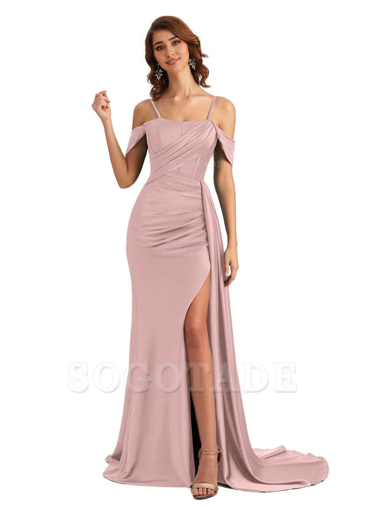 Sexy Side Slit Cold Shoulder Mermaid Satin Chic Long Wedding Guest Dresses