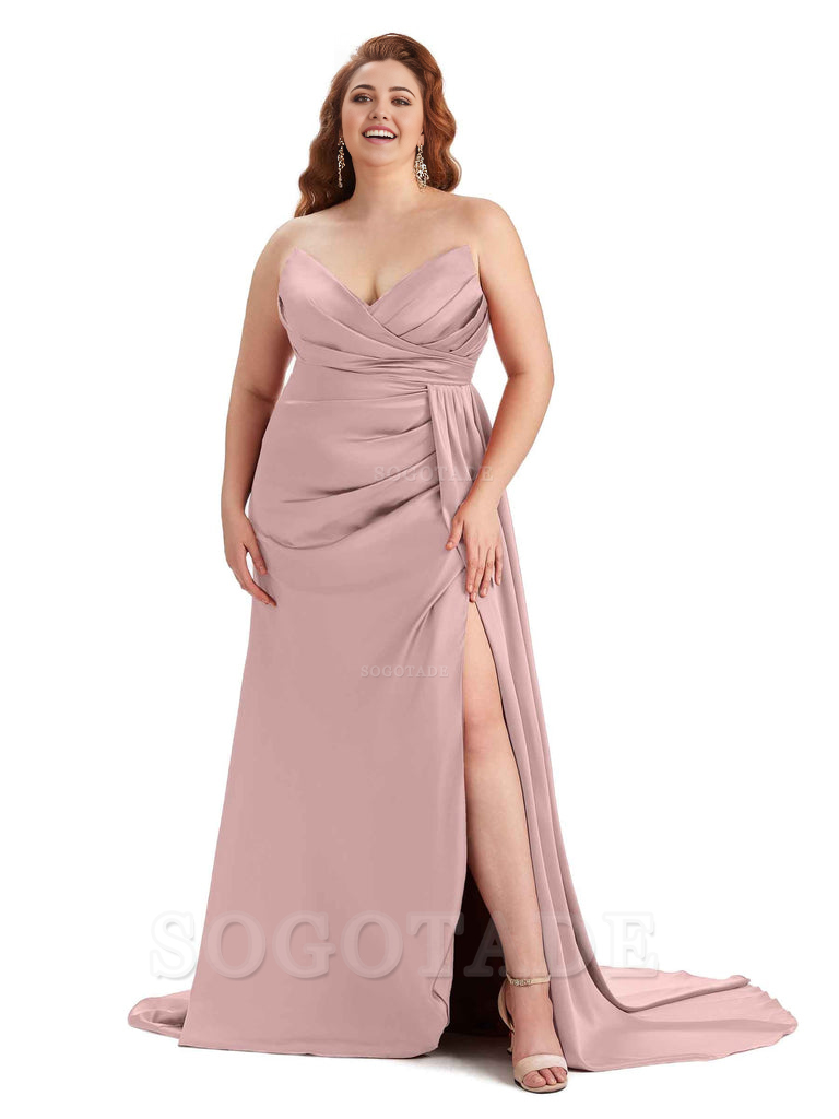 Sexy V-neck Side Slit Sleeveless Mermaid Soft Satin Long Plus Size Bridesmaid Gowns