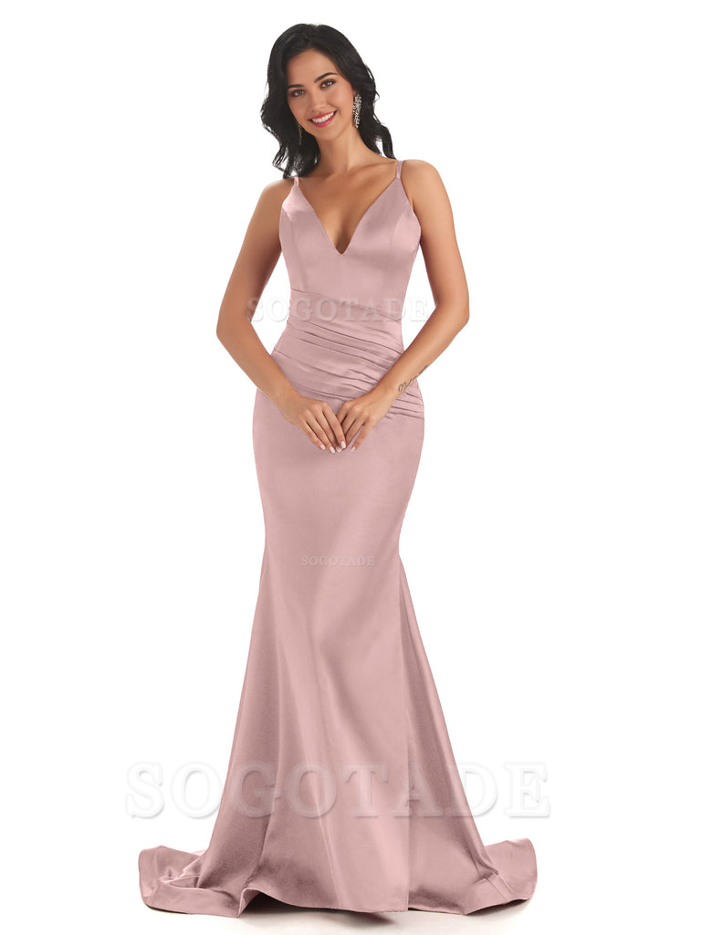 Mermaid Spaghetti V-Neck Straps Satin Long formal dresses evening gown Bridesmaid Dresses With Side Slit 