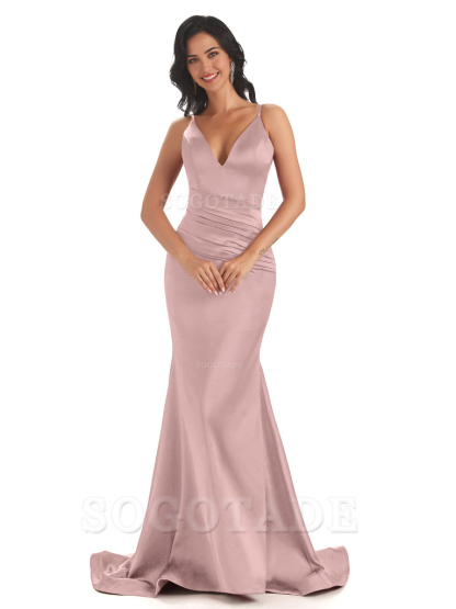 Mermaid Spaghetti V-Neck Straps Satin Long formal dresses evening gown Bridesmaid Dresses With Side Slit 
