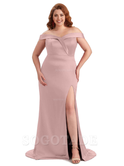 Elegant Off The Shoulder Sleeveless Side Slit Mermaid Soft Satin Long Plus Size Bridesmaid Gowns