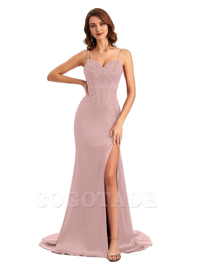 Sexy Side Slit Mermaid Silky Satin V-Neck Lace Unique Long Bridesmaid Dresses