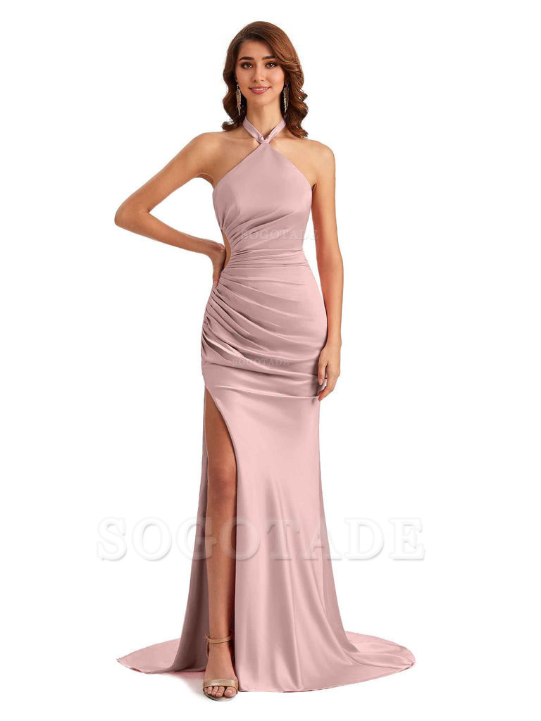 Sexy Halter Mermaid Silky Satin Unique Long Formal Wedding Guest Dresses