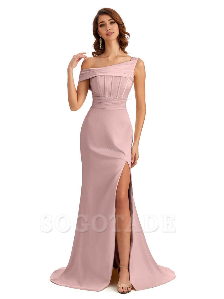 Elegant Asymmetrical Neck Soft Satin Side Slit Long Mermaid Bridesmaid Dresses