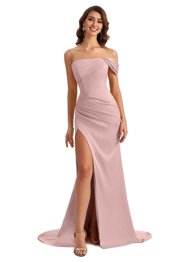 Unique One Shoulder Side Slit Satin Long Formal Dresses For Bridesmaid Dresses