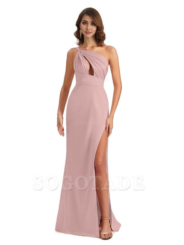 Sexy One Shoulder Silky Satin Unique Long Ladies Bridesmaid Dress For Wedding