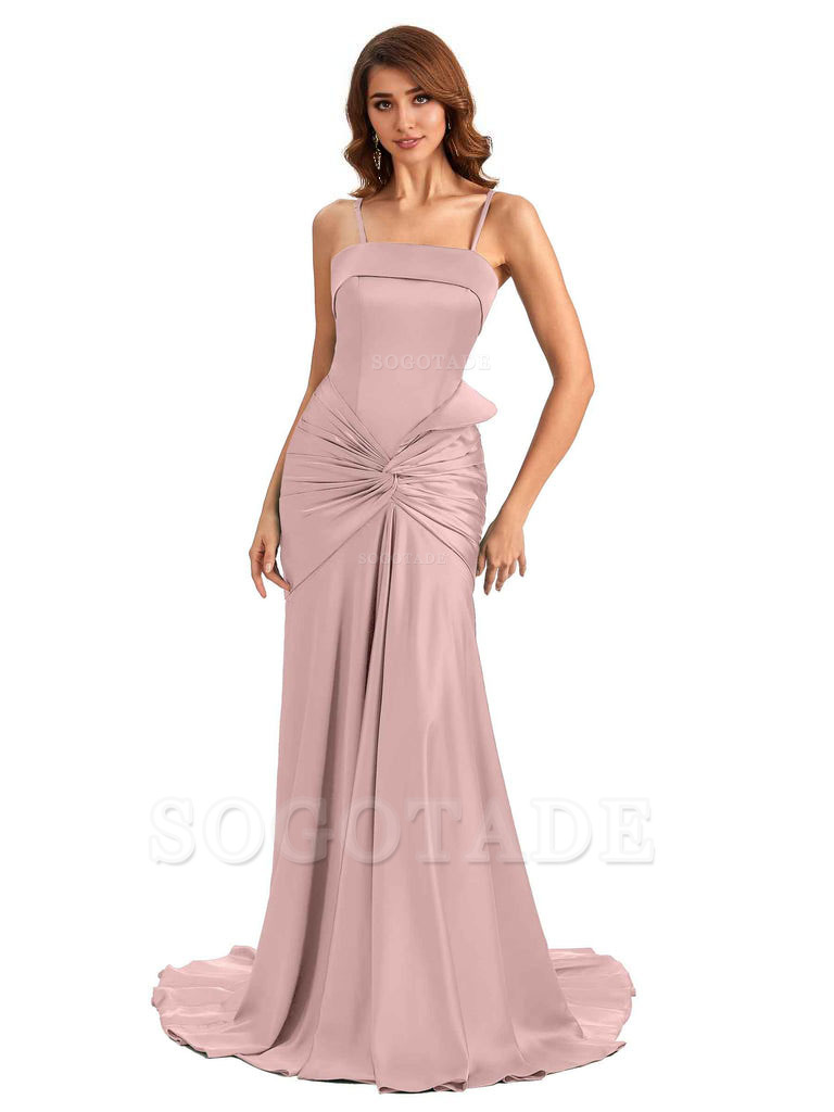 Sexy Mermaid Spaghetti Straps Silky Satin Unique Long Bridesmaid Dress For Wedding