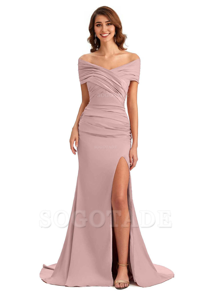 Sexy Off The Shoulder Side Slit Mermaid Satin Unique Long Formal Wedding Guest Dresses
