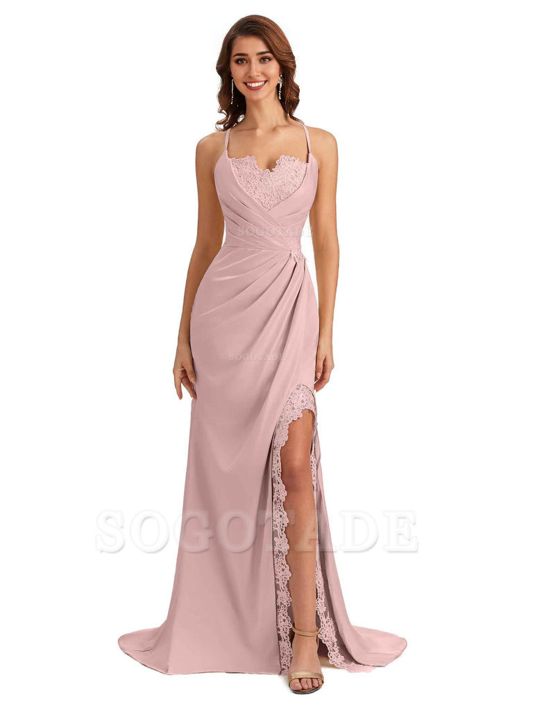 Sexy Side Slit Spaghetti Straps Lace Mermaid Silky Satin Wedding Guest Dresses