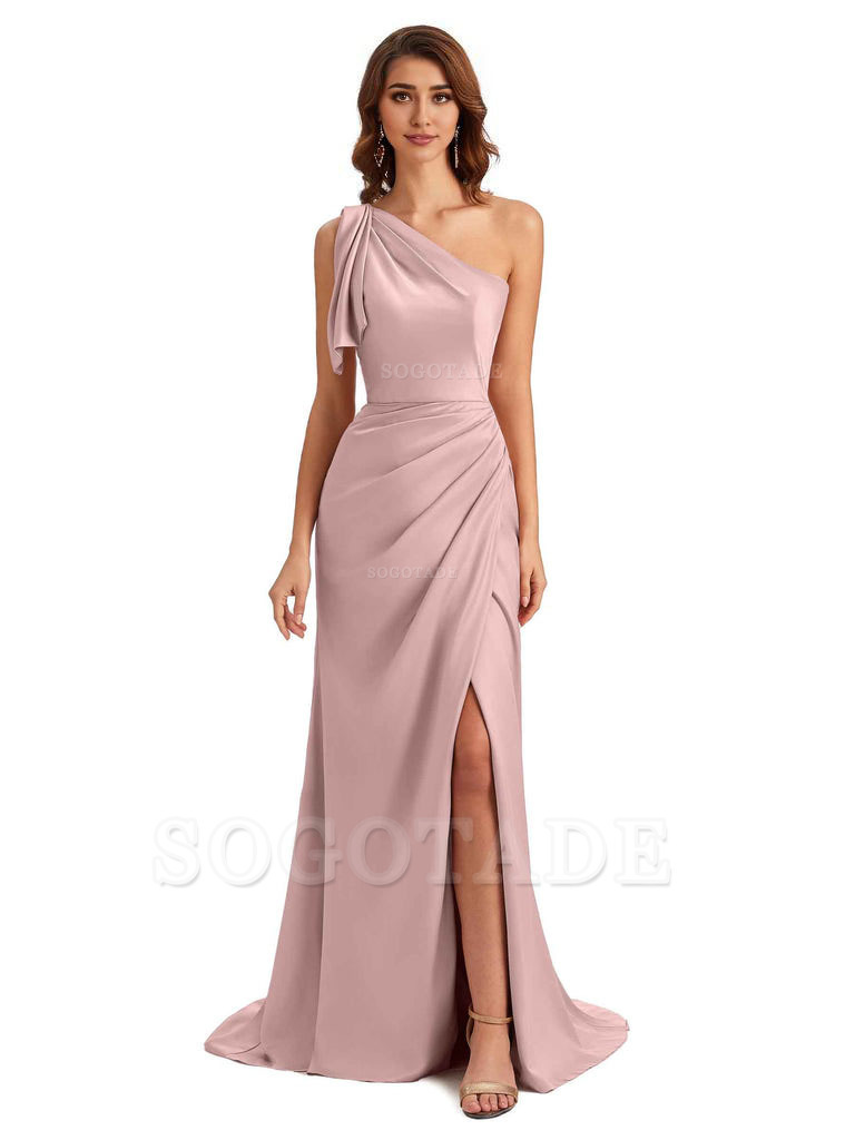 Sexy One Shoulder Mermaid Side Slit Unique Silky Satin Bridesmaid Dresses 