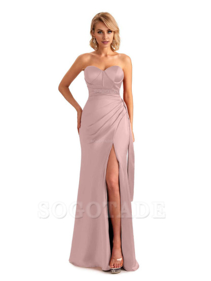 Sexy Side Slit Strapless Mermaid Soft Satin Unique Long Bridesmaid Dress For Wedding