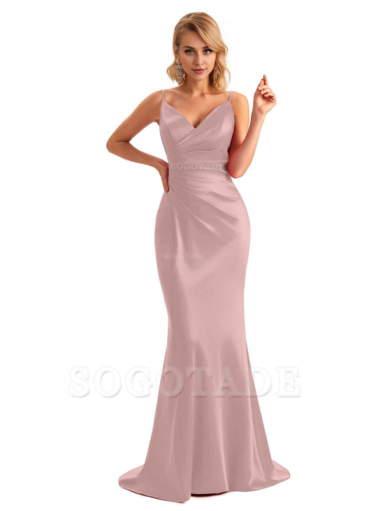  Sexy Backless Mermaid Spaghetti Straps Unique Long Formal Satin Dress For Women