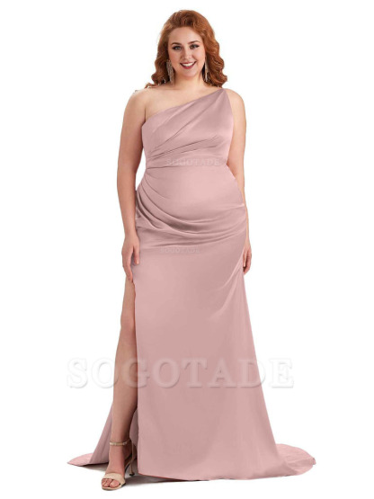 Sexy One Shoulder Side Slit Mermaid Soft Satin Long Plus Size Bridesmaid Dress For Wedding