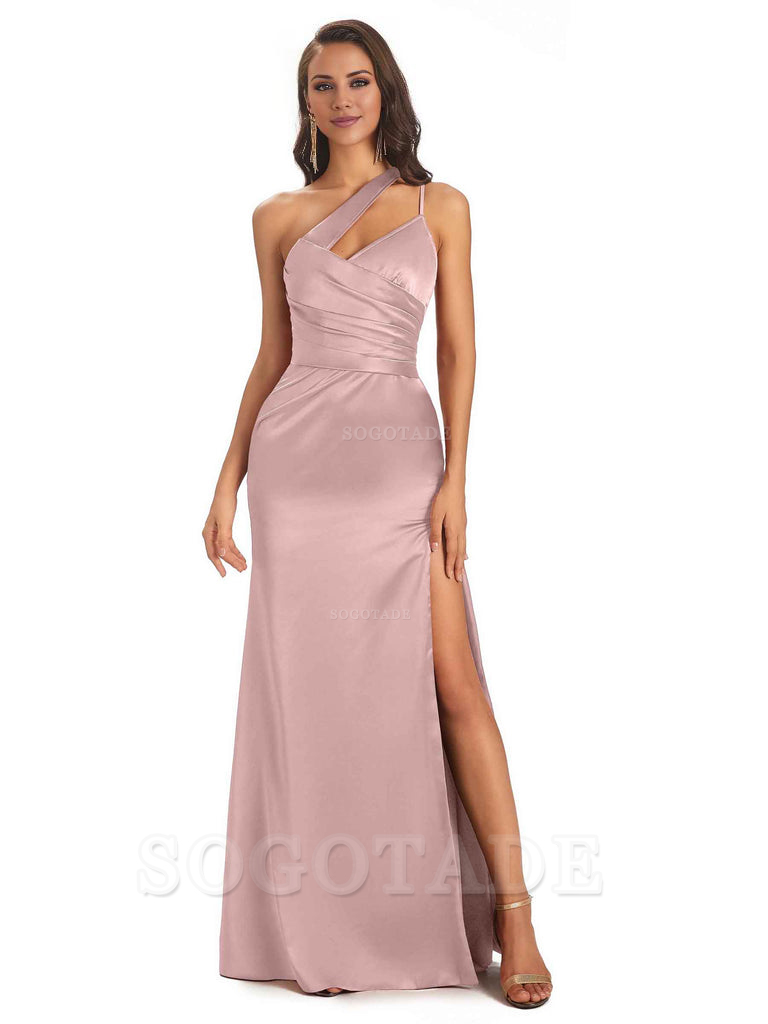 Elegant Soft Satin Side Slit One Shoulder Floor-Length Maxi Bridesmaid Dresses Evening Party Dress