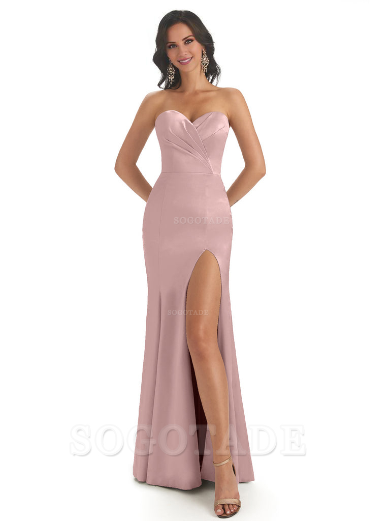 Simple Soft Satin Side Slit Sweetheart Long Mermaid Bridesmaid Dresses Elegant Evening Party Dress