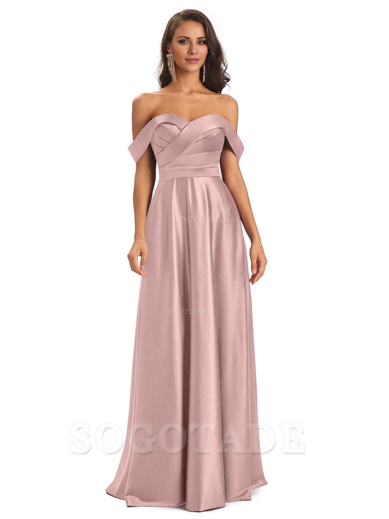 Sexy Soft Satin Off The Shoulder A-Line Long Bridesmaid Dresses Elegant Evening Party Dress