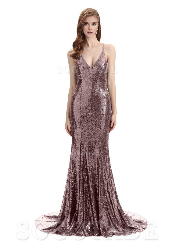 Deep V Neck Sexy Spaghetti Strap Backless Sequins Floor-Length Bridesmaid Dresses Bridesmaid Dresses Formal Women's Dresses Wedding Guest Dresses