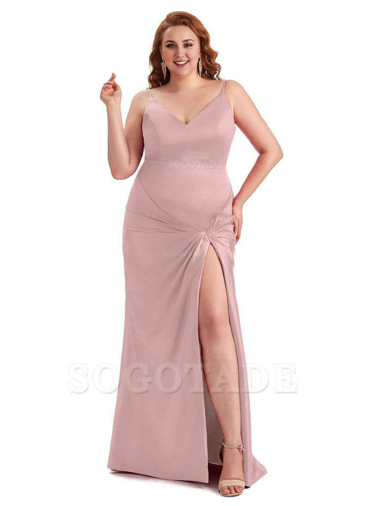 Sexy Spaghetti Straps V-neck Side Slit Mermaid Soft Satin Long Plus Size Bridesmaid Dress