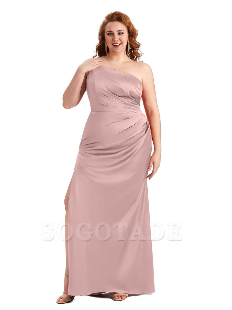 Sexy Side Slit One Shoulder Mermaid Soft Satin Long Plus Size Maid of Honour Dresses