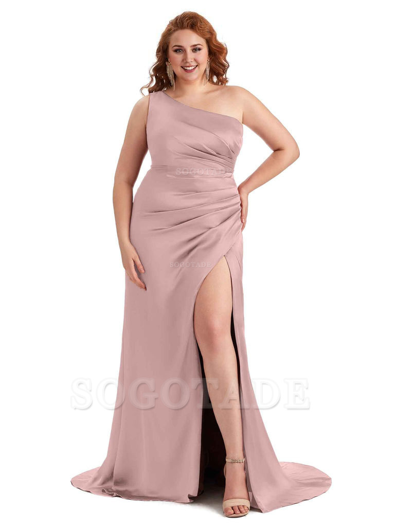 Sexy One Shoulder Side Slit Mermaid Soft Satin Long Plus Size Maid of Honor Dress For Wedding