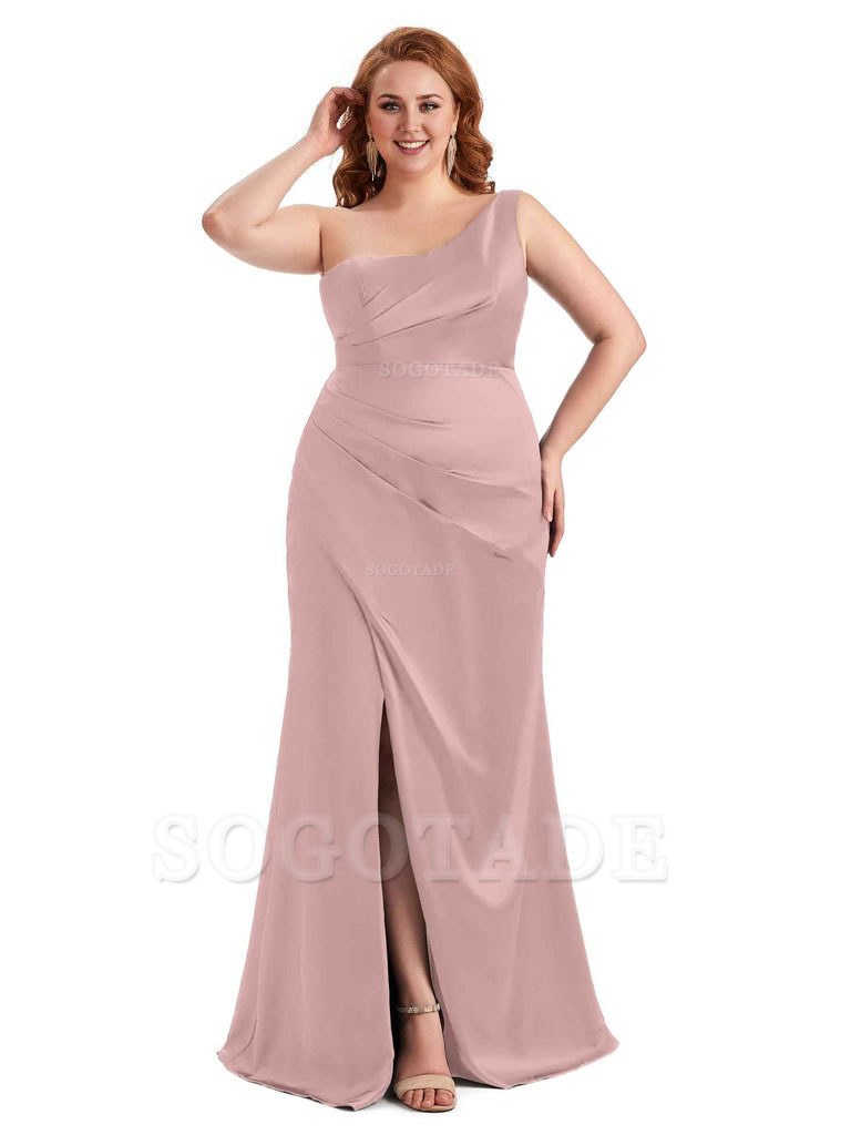 Sexy Side Slit One Shoulder Mermaid Long Plus Size Satin Maxi Dresses