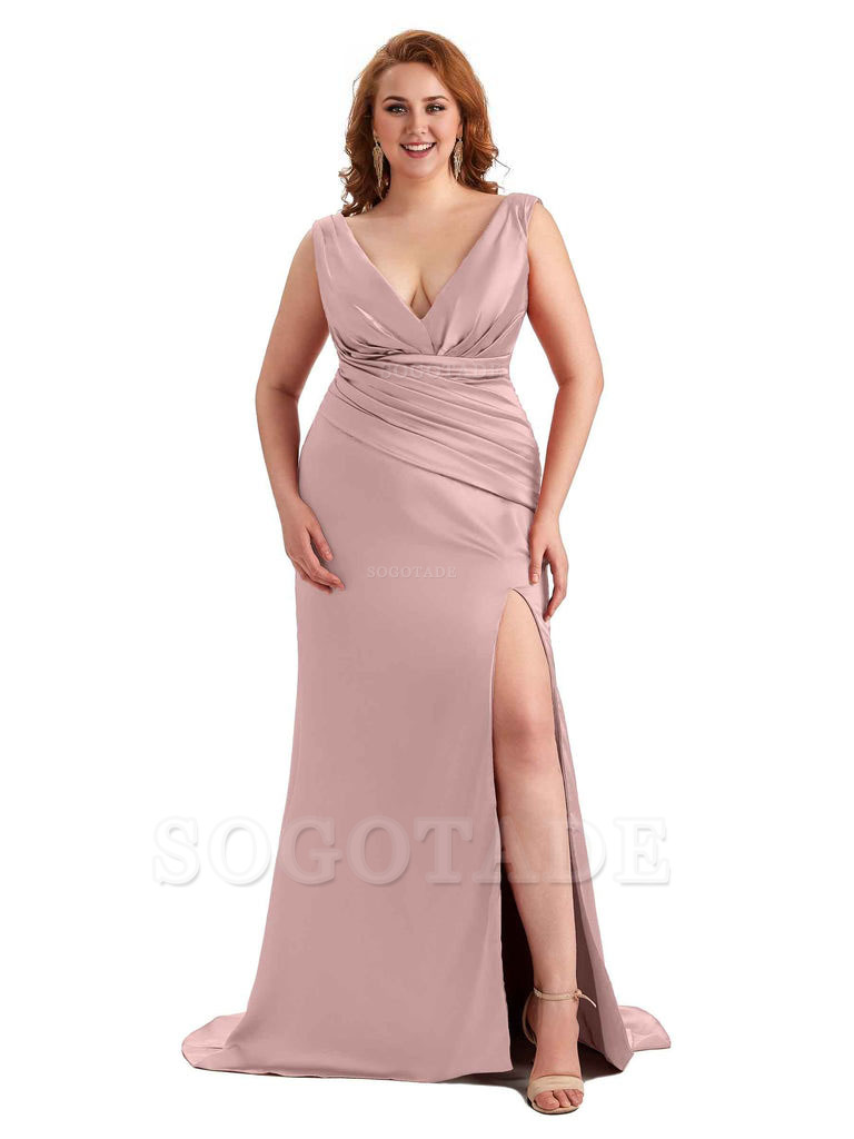 Elegant V-neck Side Slit Mermaid Soft Satin Long Plus Size Bridesmaid Dress For Wedding